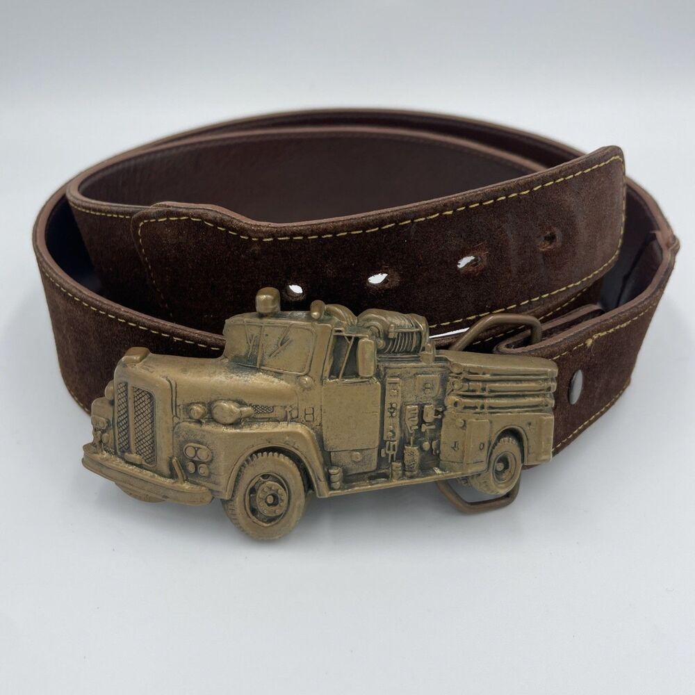 Vintage 1978 Solid Brass Fire Truck Belt Buckle by Baron Buckles Italian Leather
